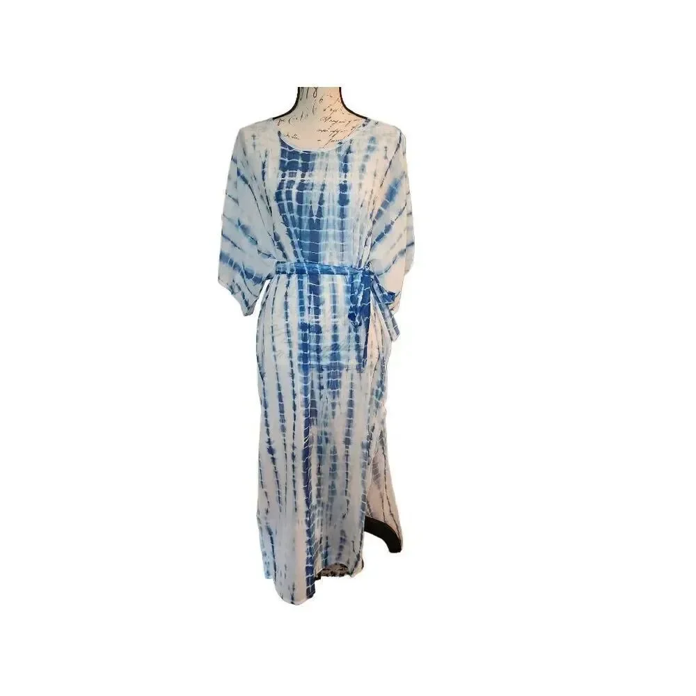 Shein Women's Size Small White Blue Allover Print Belted Swim Cover up Side Slit